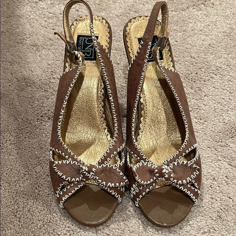 Not Rated Women's Brown Slingback Peep-Toe Wedge Sandals